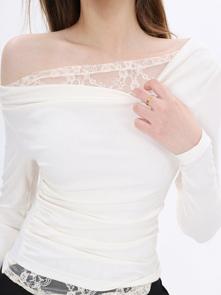 autumn popular pure desire sexy top female 2025n Spice Girl temperament slim lace slanted shoulder long sleeve T-shirt