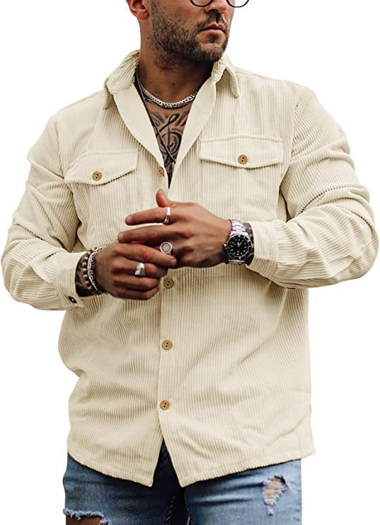 maoxiangshop-shop masculine men Men's New Corduroy Fashion Workwear Jacket Striped Casual Jacket Retro Double Pocket Versatile Shirt