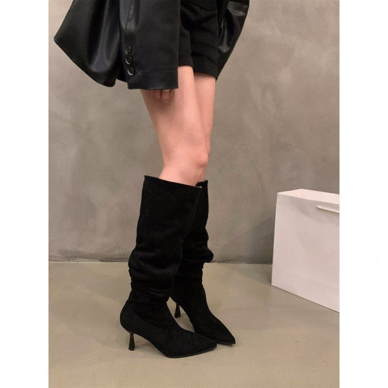 2025 High Heel Khaki Over Knee Pile Boots Women's Shoes popular New Autumn and Winter Pointed Skinny Long Knight Boots