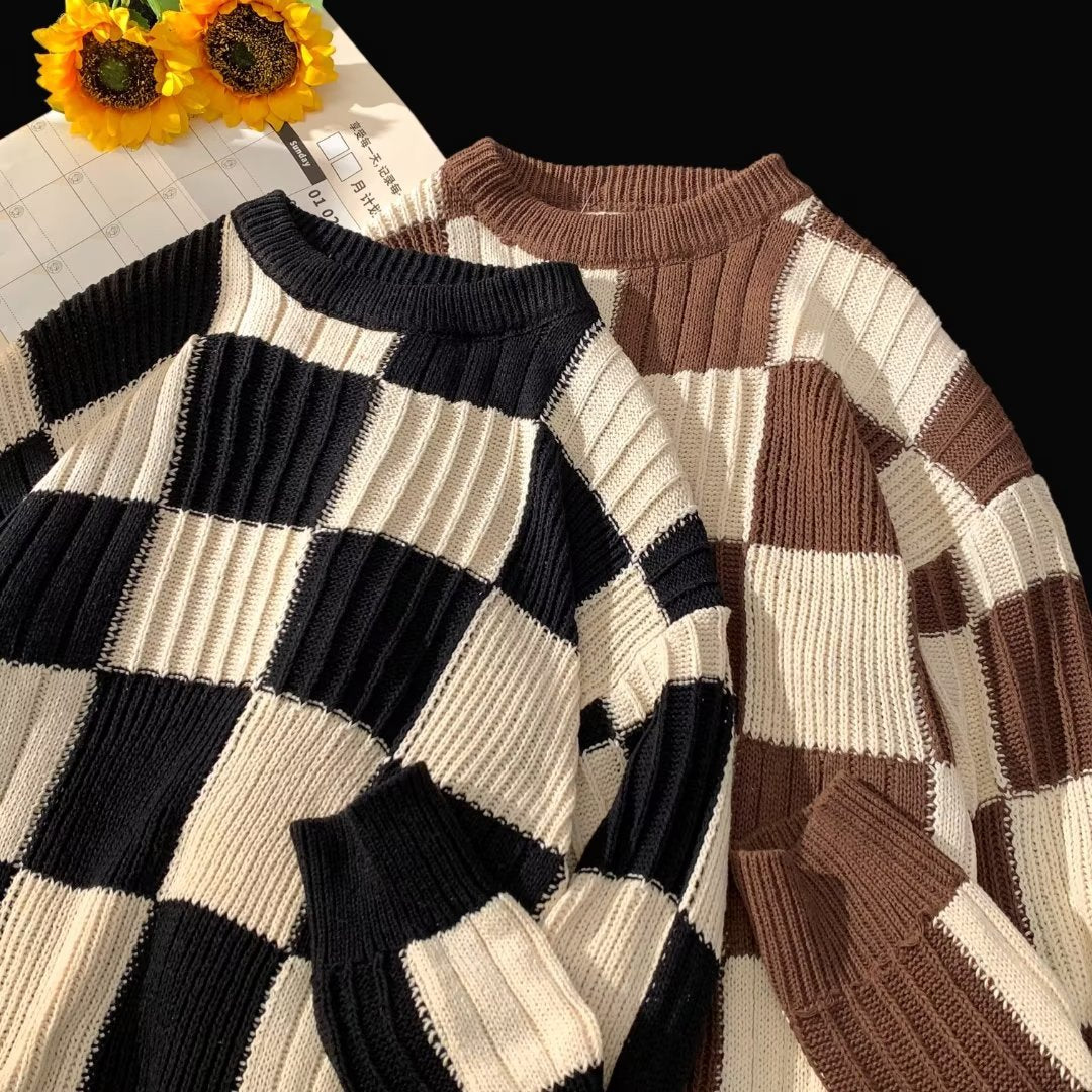 maoxiangshop-shop fall outfits aesthetic New Loose Sweater Japanese Style Lazy Retro Men's Autumn and Winter High-Grade Top Chessboard Plaid Sweater