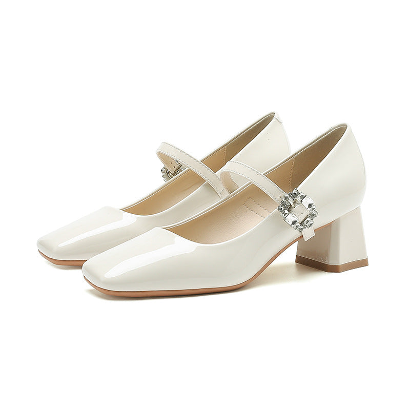 2025 5299-A6 one-word bag head thick heel single shoes women's square head rhinestone high heels student dress professional commuting women's shoes