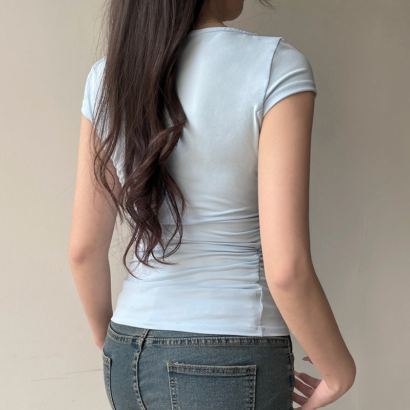 maoxiangshop 2000s fashion French Gentle Style Bow Chest T-shirt Pleated Waist Slimming Cute Rabbit Ears Lace-up V-neck All-Match Top