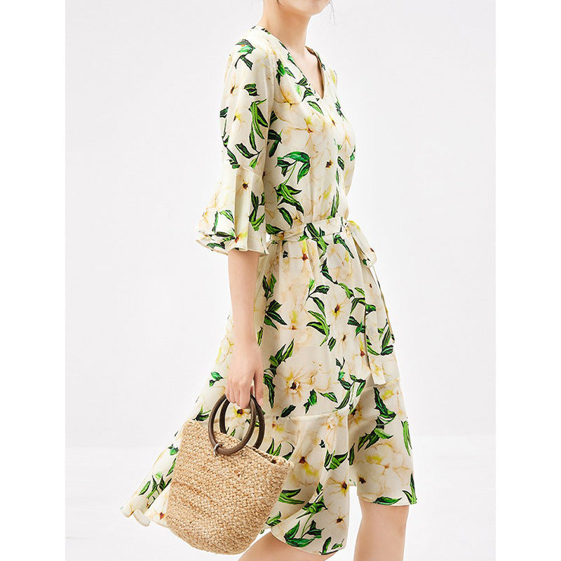 2025 Gardenia silk dress, heavy mulberry silk, spring floral long dress women's new skirt