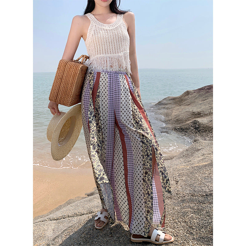 2025 Ethnic style wide-leg pants women's high-waisted drape culottes exotic style summer thin pants island vacation mopping pants trousers