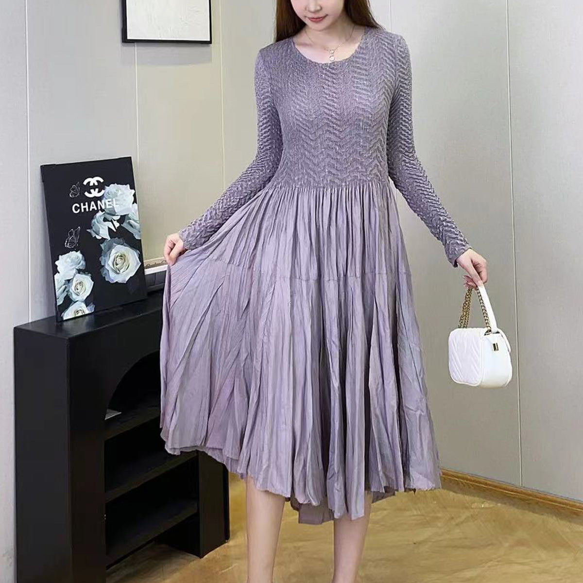 dress long-sleeved women's high-end sense small temperament elegant commuting versatile medium and long A-word skirt Popular style