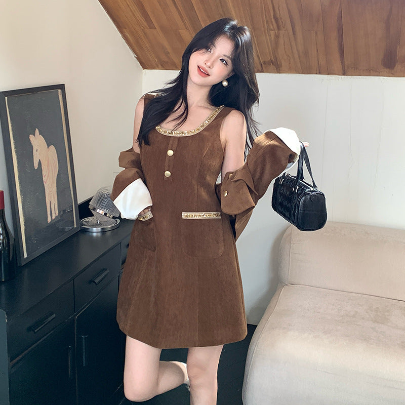 2025 popular autumn and winter new Korean version high waist elegant polished vest dress solid color bottom skirt 88122
