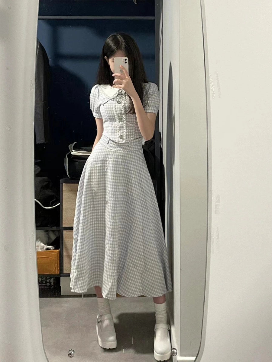 Shanhai "Heart of the Ocean" Summer New Doll Collar Xiaoxiangfeng Short Sleeve Top Plaid Set Skirt Women's Two-piece Set