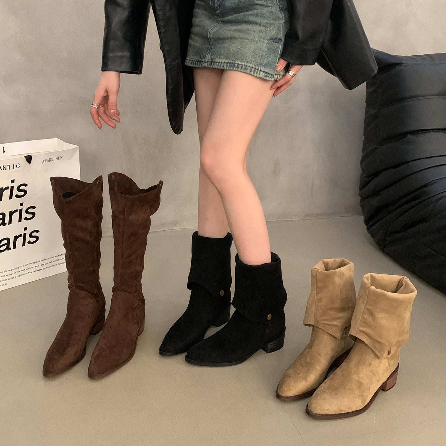 2025 Frosted suede two-wear stacking boots, new outdoor western cowboy boots V-mouth long knight boots in autumn and winter popular