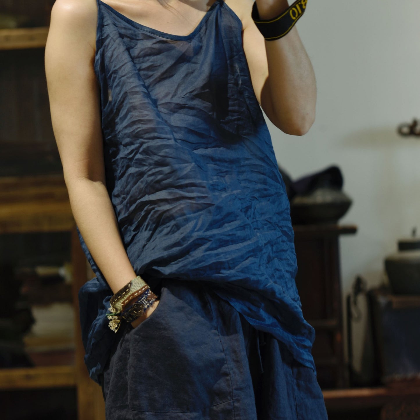 2025 24/2 Aduo, the new simple literary and retro versatile solid color bottomed ramie vest sling