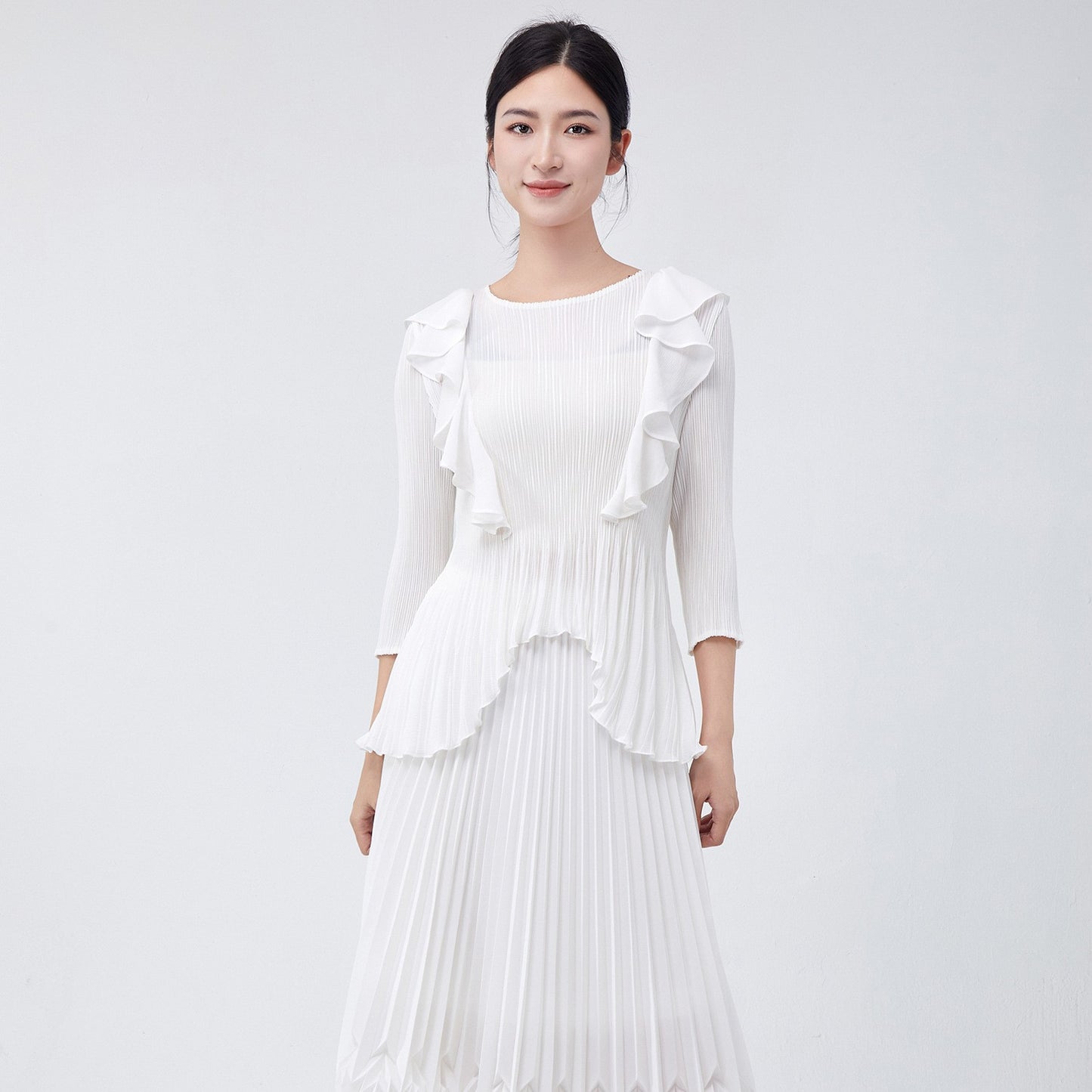 Women's fashionable Popular style top summer new high-end ruffle edge irregular versatile pleated chiffon shirt T-shirt