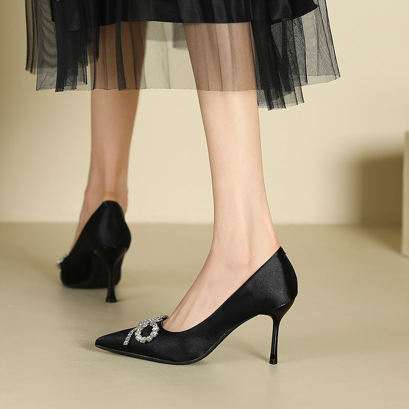 2025 811-B3 sexy suede bow rhinestone single shoes 2025 women's winter new pointed thin heel Korean version high heels