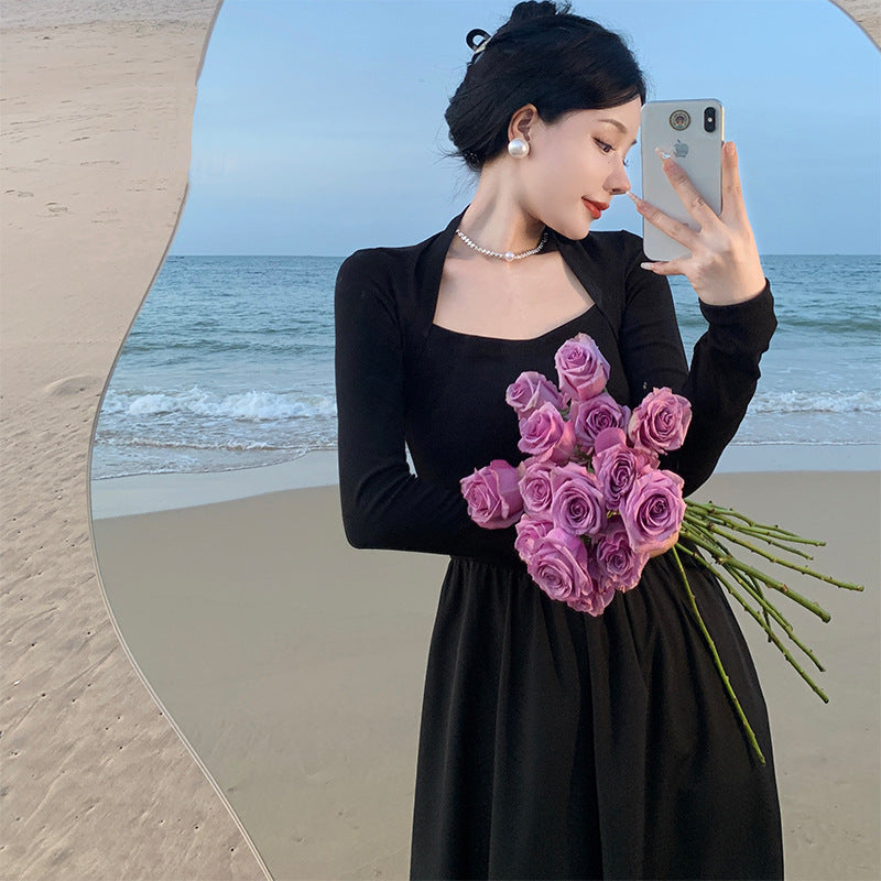 2025 Black square neck long-sleeved knitted dress spring and autumn new women's design sense niche thin skirt long dress