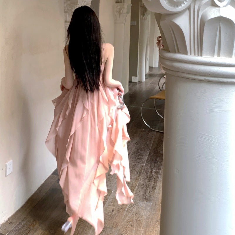 2025 2025 summer new beach dress suspender dress seaside vacation photo chiffon naked pink fairy dress