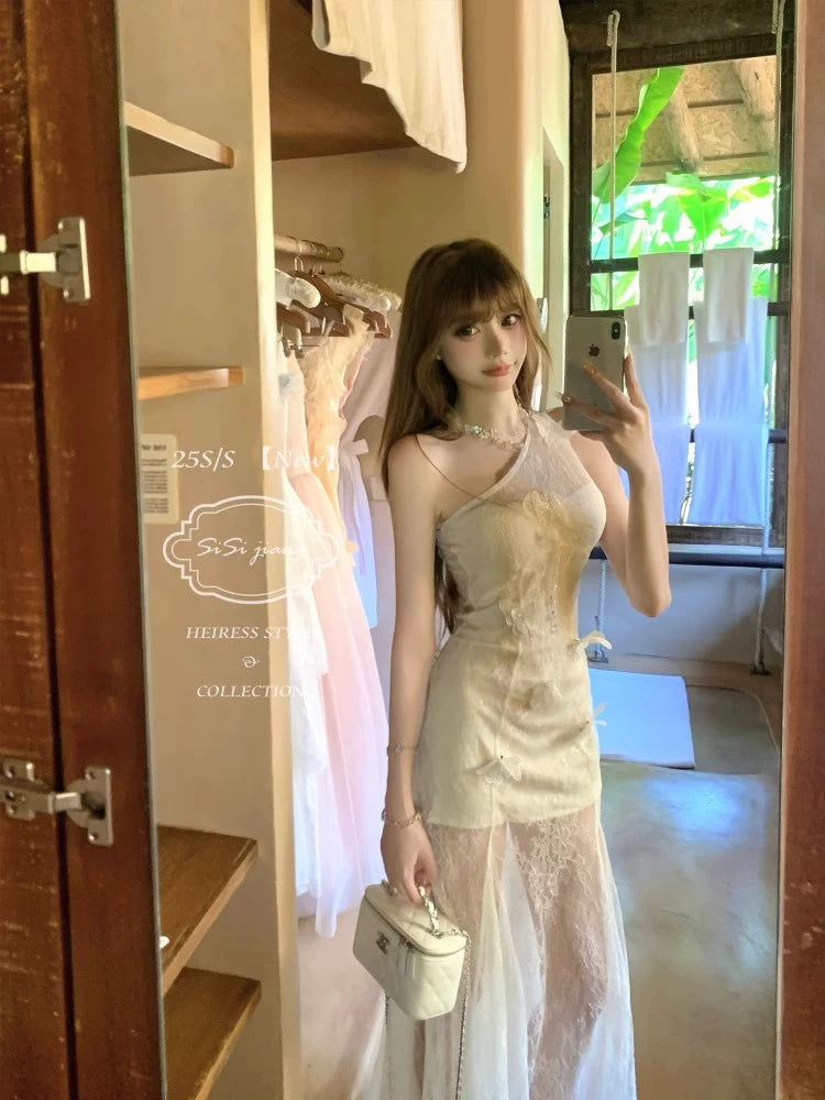 heavy industry three-dimensional flower mesh dress women's summer new Korean pure desire temperament waist suspender fishtail dress