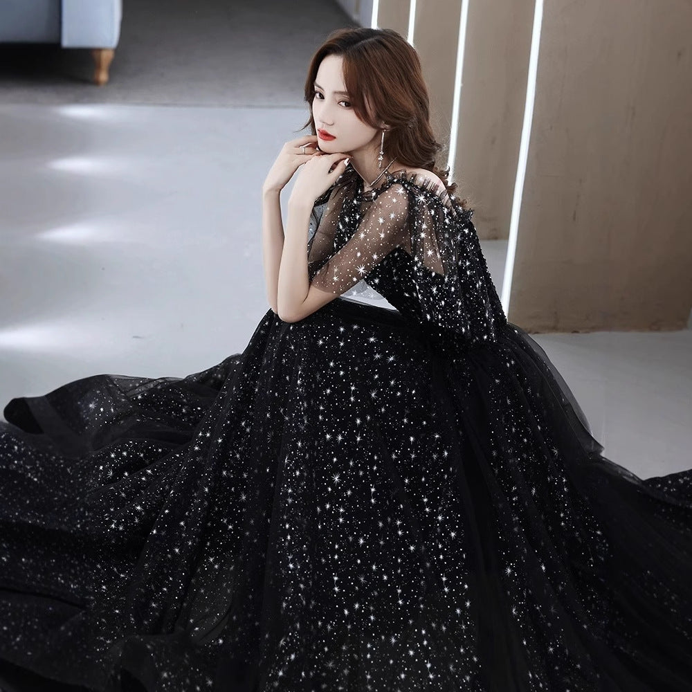 2025 Black adult birthday party evening dress female high-end light luxury niche advanced sense art test performance host