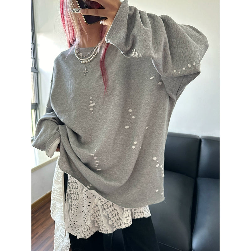 Lazy Wind Grey Long Sleeve Sweater Autumn Popular Simple Versatile Loose Fleece Shirt Design Sense Top Women
