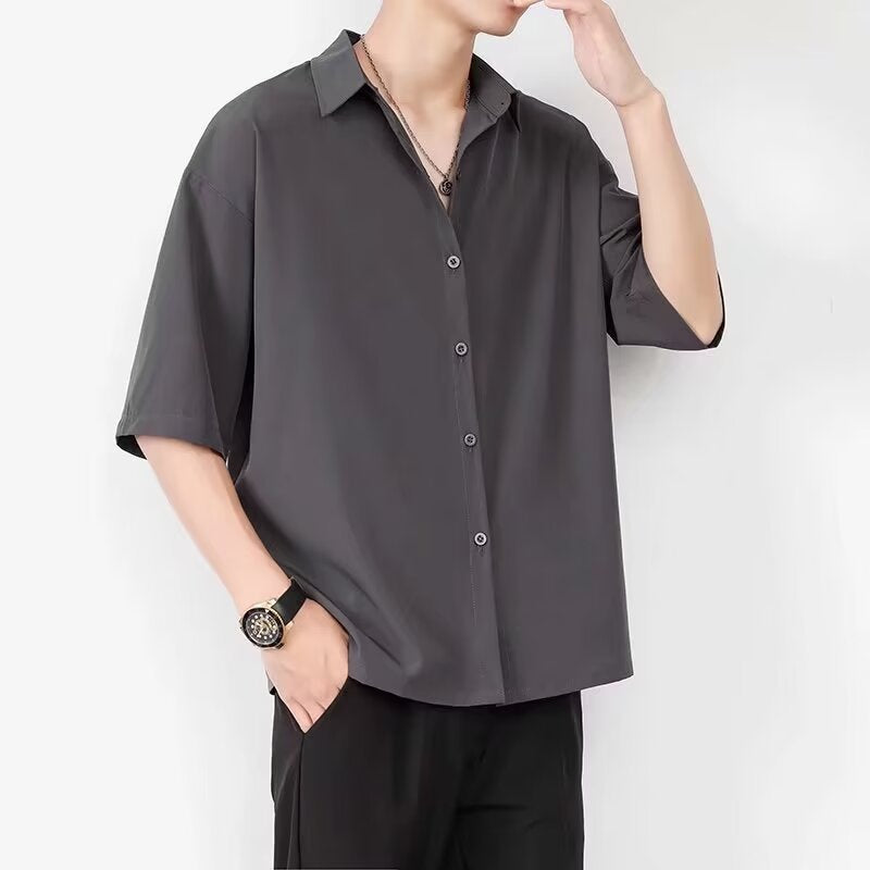 maoxiangshop-shop guy outfits Ice Silk Shirt Men's Short-Sleeved Summer Fashion Brand Men's Casual Jacket High-Grade Ruan Handsome Half-Sleeve Black Shirt