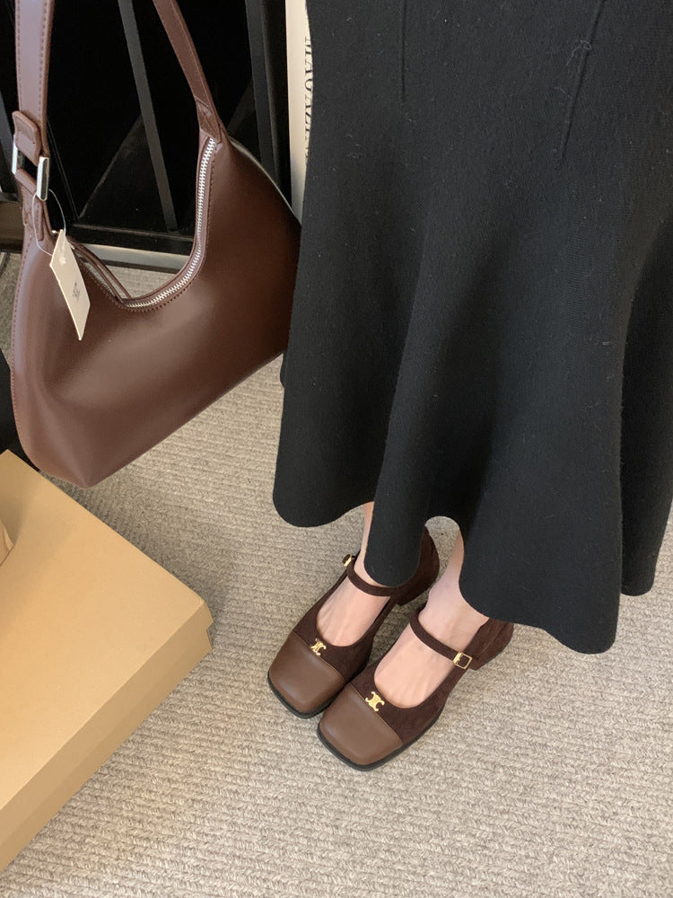 2025 Thick heel square head Mary Jane shoes suede popular new spring medium heel small leather shoes splicing one-word buckle strap single shoes women
