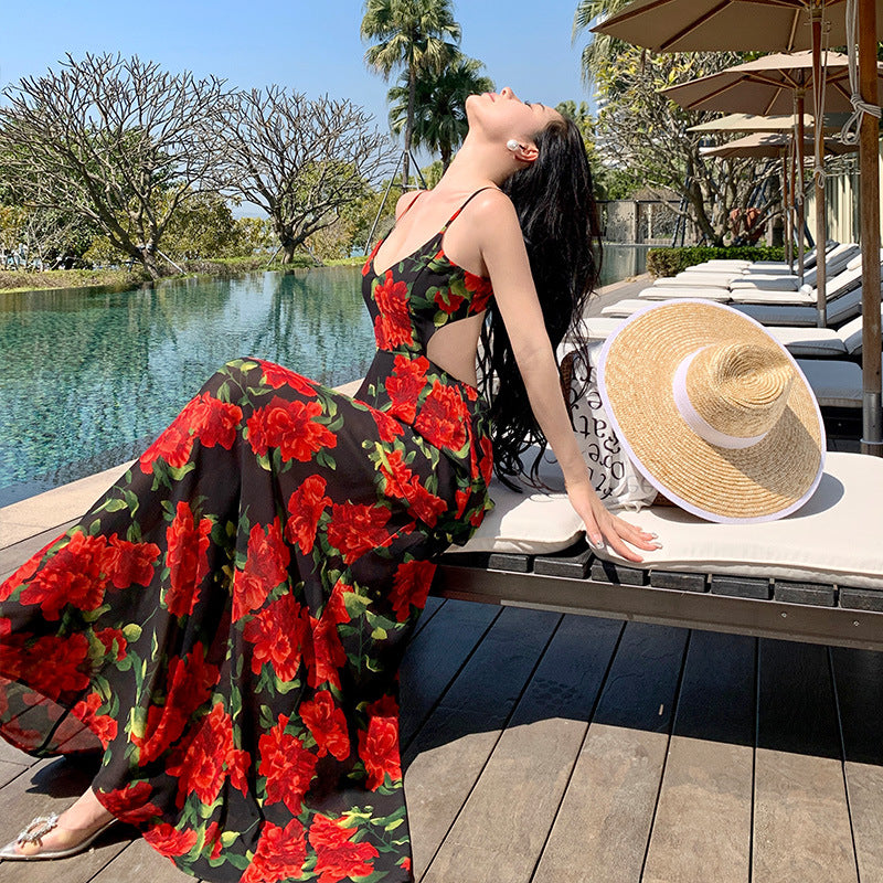 2025 New long chiffon floral waist suspender dress women's summer vacation retro backless long dress skirt