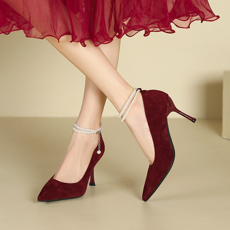2025 811-B2 one-word pearl suede single shoes women's pointed head stiletto high heels sexy bride bridesmaid Xiuhe wedding shoes