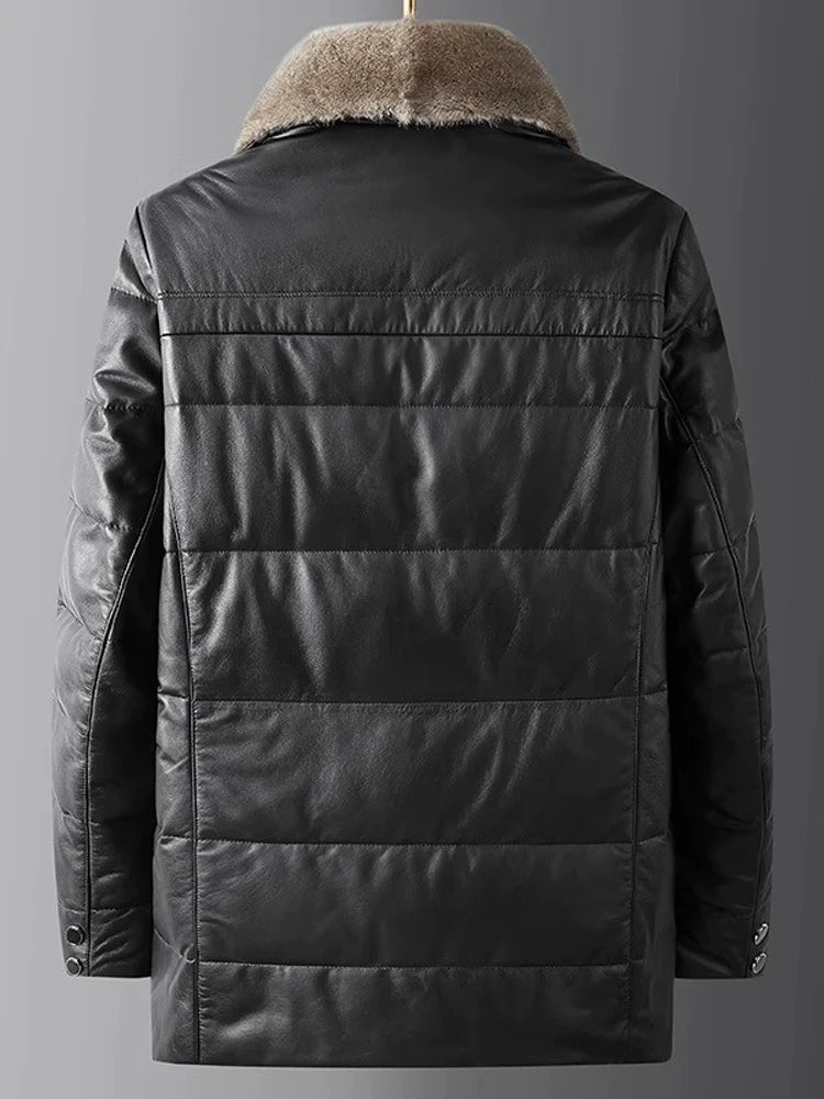 maoxiangshop Haining Fall and Winter New Arrival Men Genuine Leather down Jacket Sheepskin Outwear Mink Fur Collar Mid Length Long Length Trench Coat Leather Coat