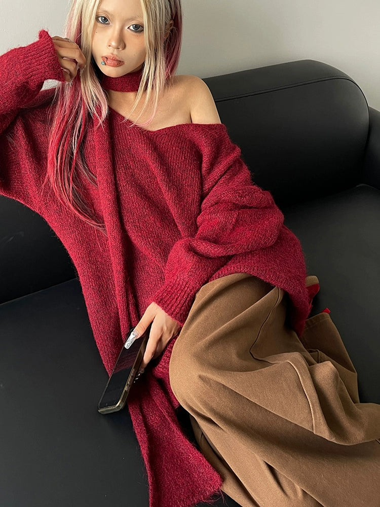 Lazy Wind Loose Pullover Warm Long Sleeve Sweater Autumn and Winter New Lace-up Design Fashion Knitted Sweater Women