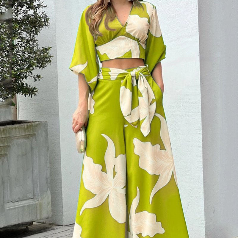 maoxiangshop Top Women's 3D Printed Pants Set - Designer Sexy Casual Women Floral Printed V Neck Ladies Long Sleeve Blouse Crop Top High Waist Wide Leg Pants Two Piece Set