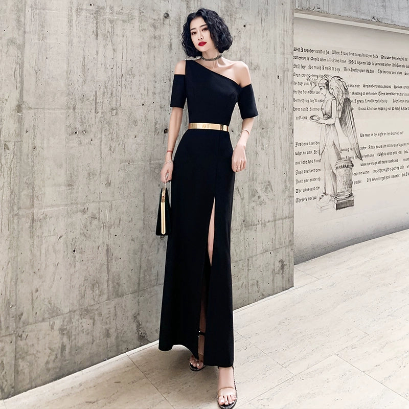 Black one-shoulder evening dress dress women can usually wear banquet temperament long noble aura queen birthday dress