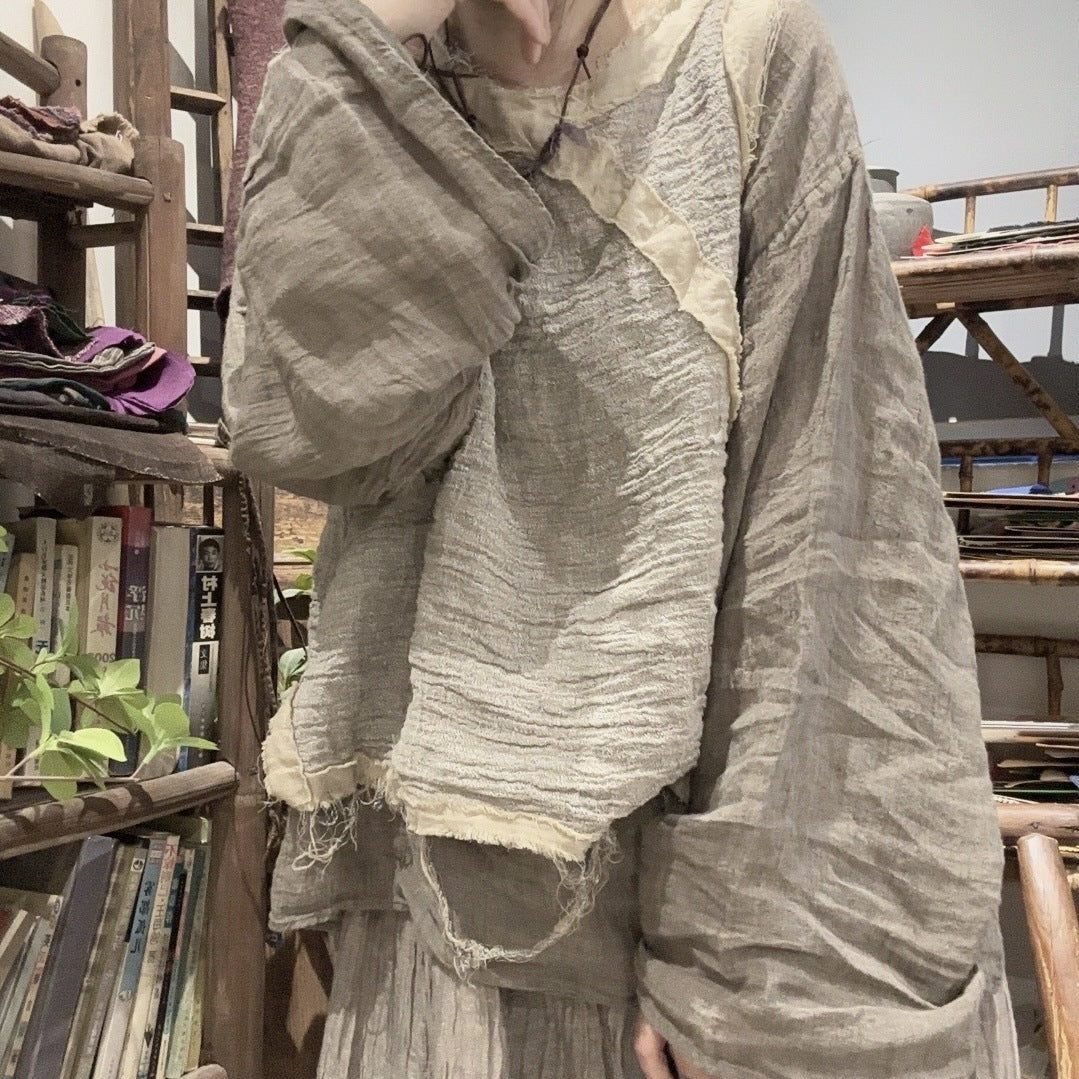 2025 24/4 SN49 Chan, literary and leisure short burr edge contrasting color-dyed linen splicing sleeve vest