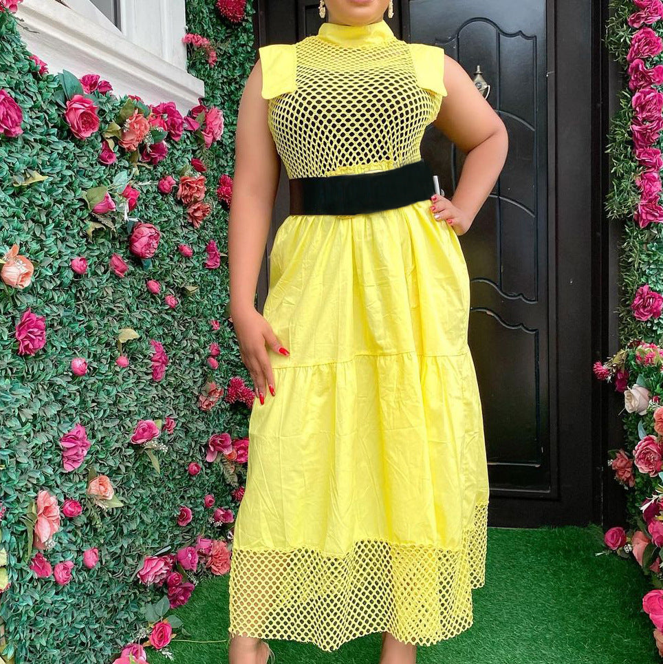 2025 D192 summer temperament commuting sexy hollow cotton high waist mesh splicing solid color large size Popular trade 2025 dress
