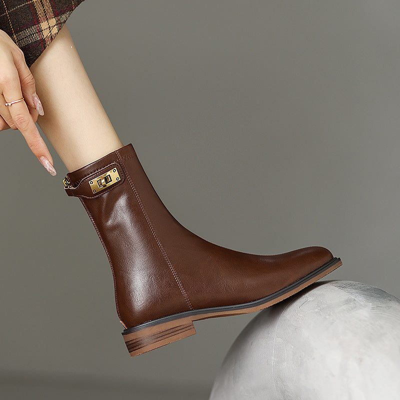 2025 British style short Martin boots women's popular new retro thin boots autumn and winter round head flat boots