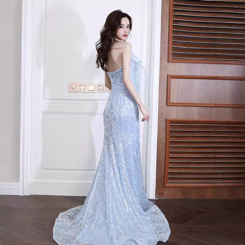 Blue host banquet evening dress women's 2025 new sequined tube top starry sky trailing sexy fishtail dress