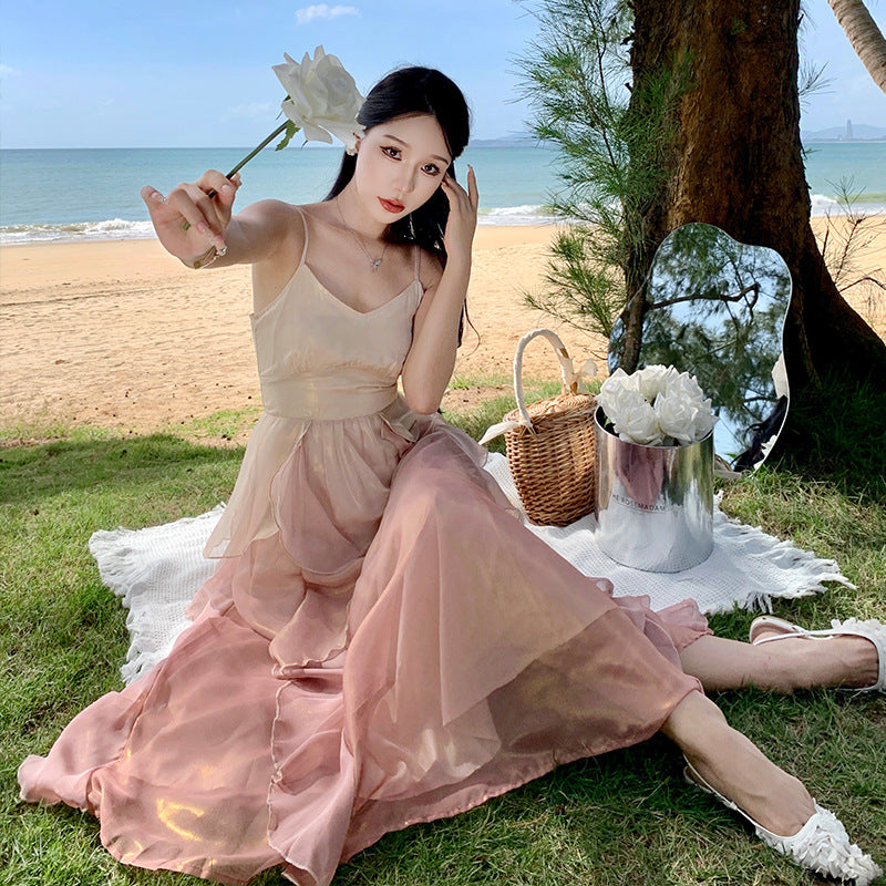 2025 Mermaid Ji gradually changes the lotus leaf edge fairy skirt summer temperament suspender long skirt super fairy heavy industry seaside vacation dress
