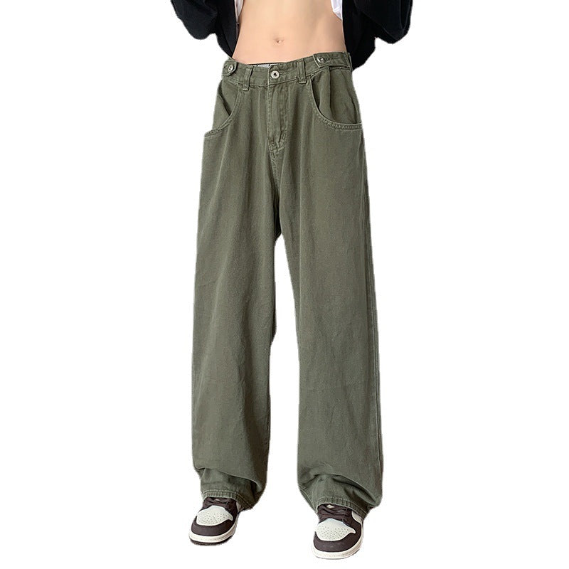 maoxiangshop-shop boy outfits American Retro Vibe Pants Ins High Street Army Green Jeans Men's Loose Straight Japanese Overalls