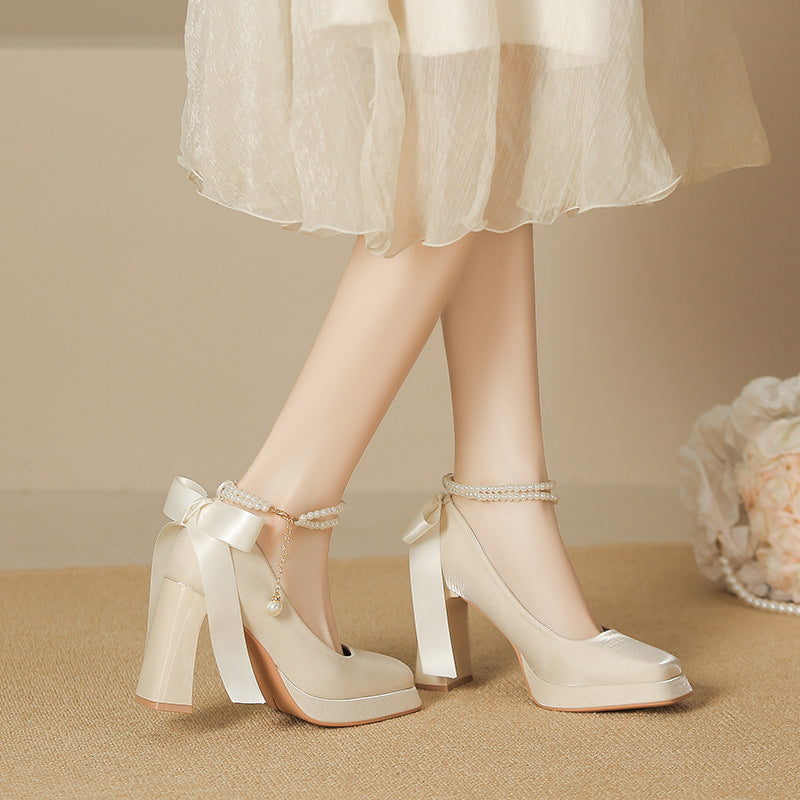 2025 8126-2 Suede Pearl Mary Jane Shoes Women's Square Head Thick Heel High Heel Single Shoes Bow Waterproof Table Single Shoes Women's