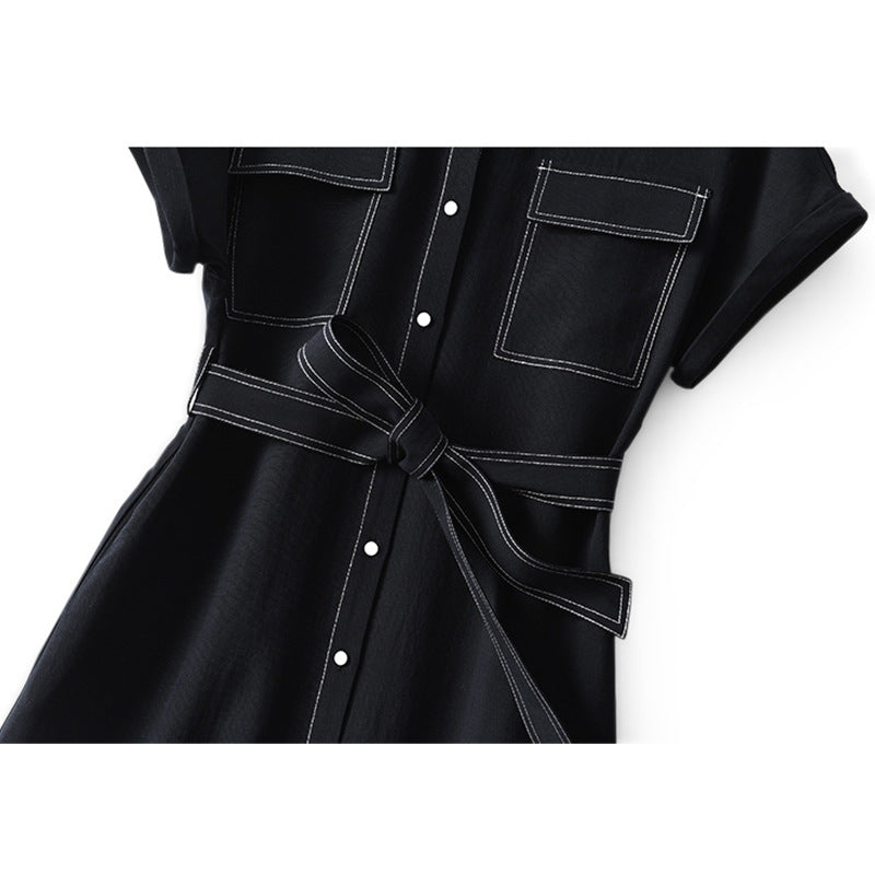 2025 Bright line tooling skirt, Lyocell linen dress temperament women's clothing summer new short-sleeved medium and long models