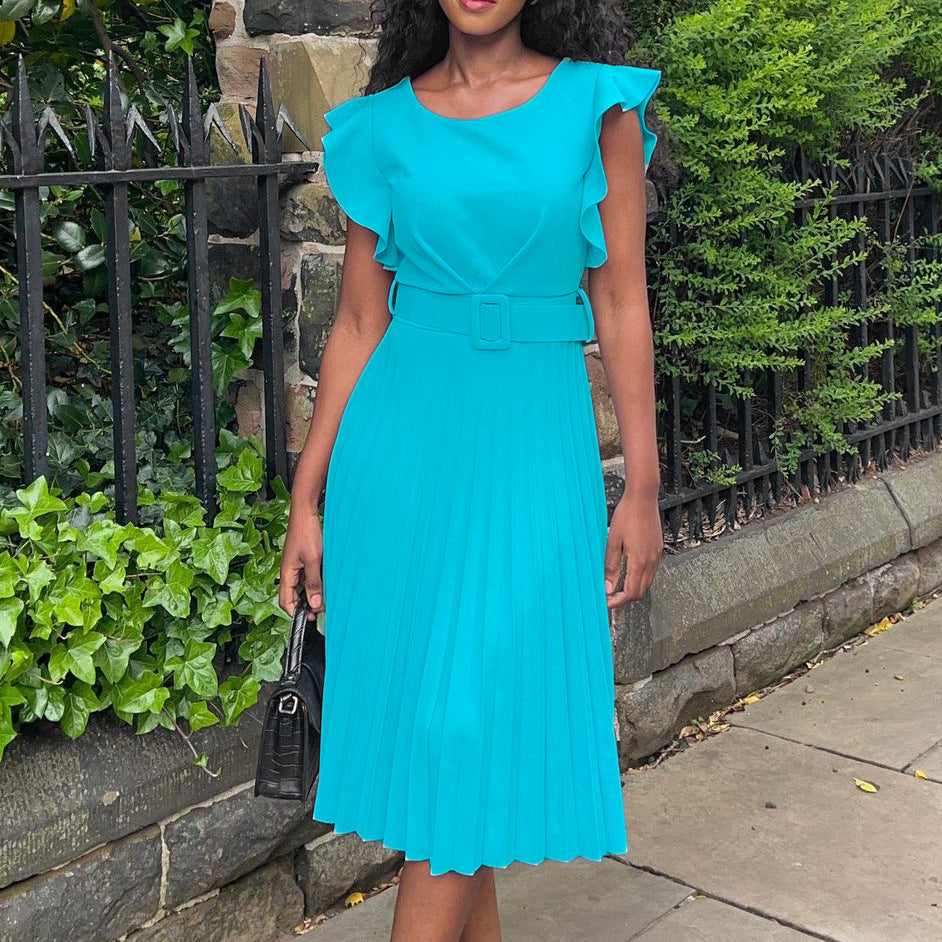 2025 D270 with belt 2022 summer independent station Popular trade lotus leaf sleeve round neck waist pleated New 2025 dress
