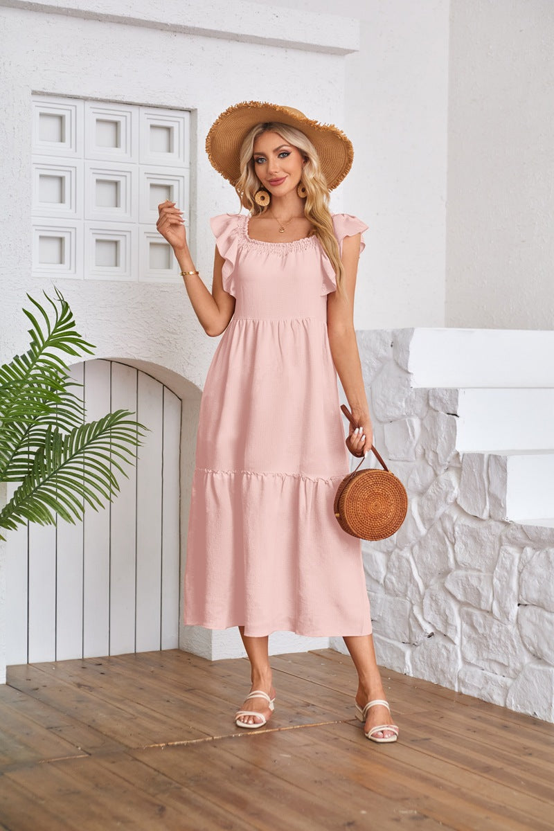 maoxiangshop Women's Clothing Flying Sleeve Square Neck Off-shoulder Pleated Hem Dress