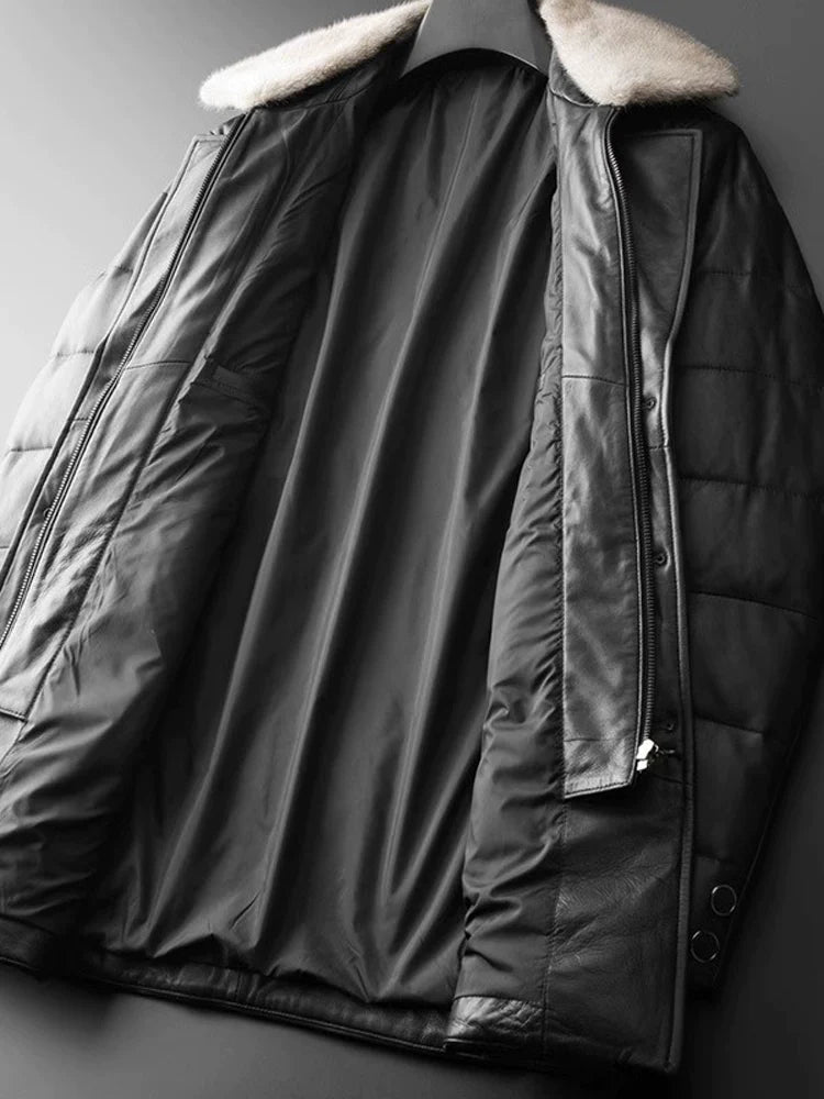 maoxiangshop Haining Fall and Winter New Arrival Men Genuine Leather down Jacket Sheepskin Outwear Mink Fur Collar Mid Length Long Length Trench Coat Leather Coat