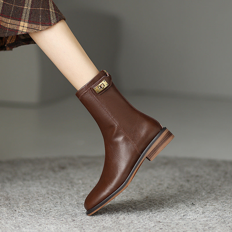 2025 British style short Martin boots women's popular new retro thin boots autumn and winter round head flat boots
