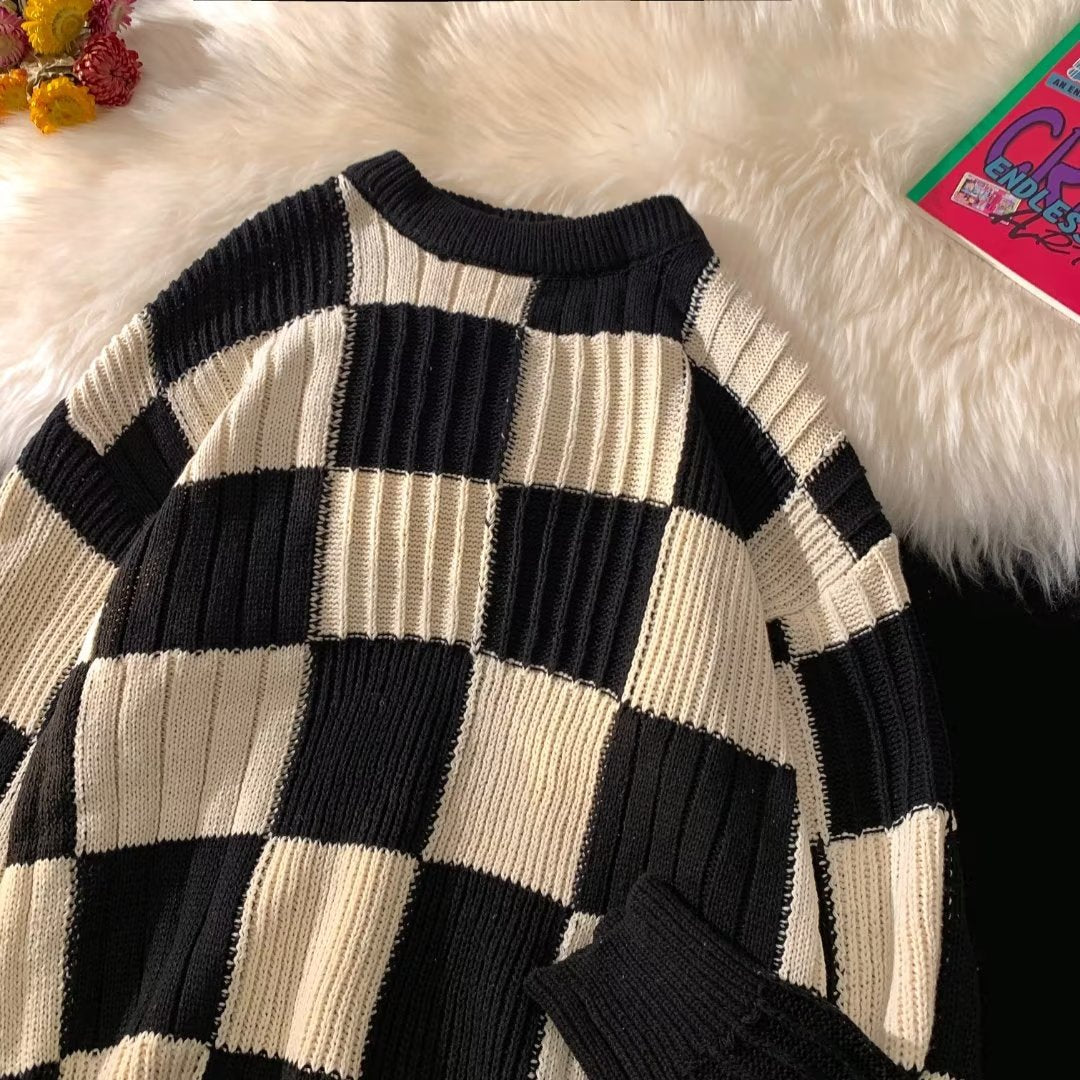 maoxiangshop-shop fall outfits aesthetic New Loose Sweater Japanese Style Lazy Retro Men's Autumn and Winter High-Grade Top Chessboard Plaid Sweater
