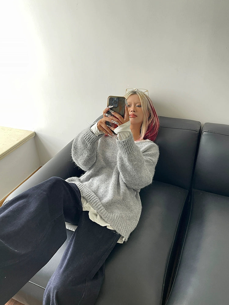 Sweet Lazy Lace Splicing V-Neck Knitted Sweater Women's Autumn and Winter Pullover Loose and Skinny Outer Top