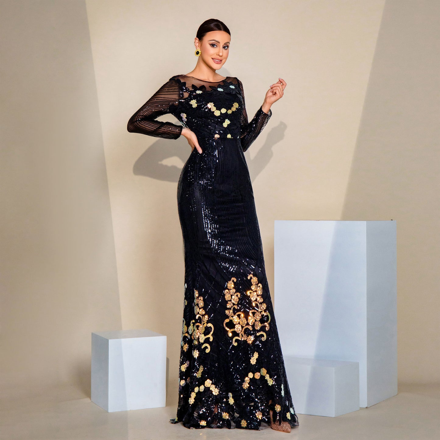 2025 high-end temperament sexy long sequins long sleeves crew neck banquet evening dress bridesmaid dress women