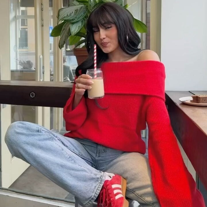 college fall outfits Women's Clothing Autumn and Winter New Fashion 4-Color Right-Angle off-Neck Sweater Top