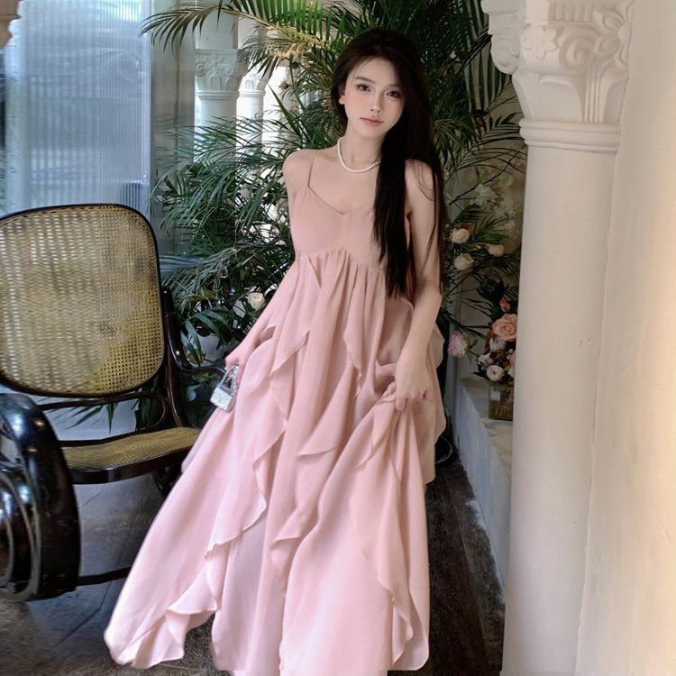 2025 2025 summer new beach dress suspender dress seaside vacation photo chiffon naked pink fairy dress