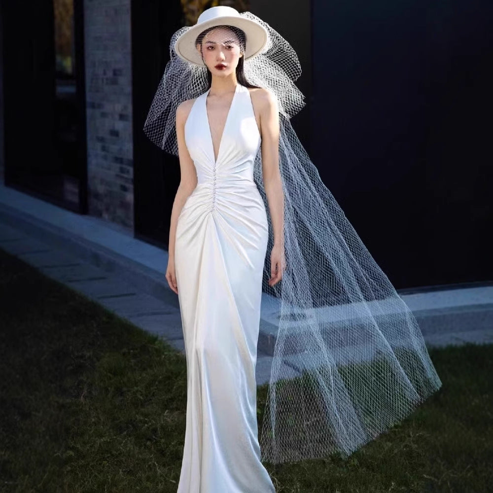 2025 light wedding dress slim bride wedding welcome v-neck sexy travel photography simple annual meeting dinner neck dress