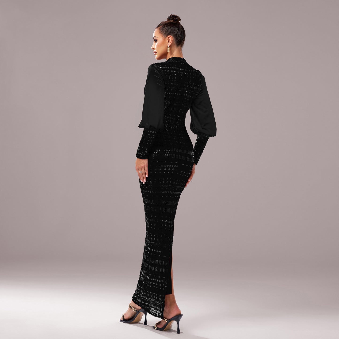 2025 new high-end long-sleeved crew neck banquet sequined hip-wrapped split evening dress bridesmaid dress women