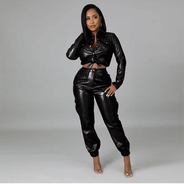 maoxiangshop-shop lookbook outfits Autumn and Winter Hot Sale Fashion Slim PU Leather Fleece Trousers 6 Pockets Tooling Suit Temperament Factory