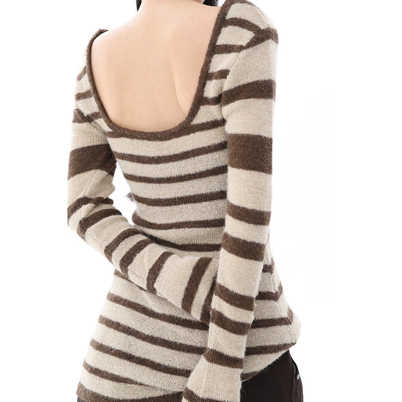 sexy hollow backless striped sweater 2025n wool knitted sweater autumn and winter popular warm long-sleeved women