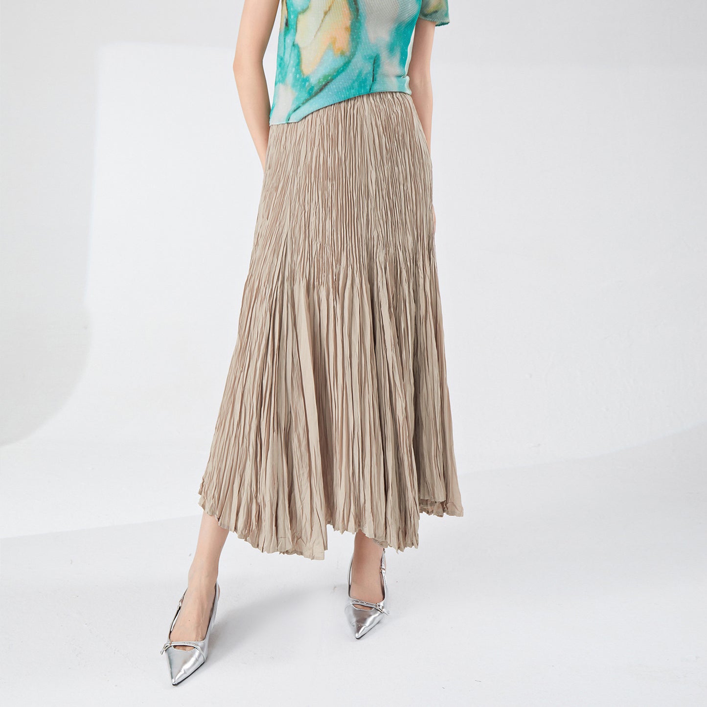 skirt summer women's A-shaped skirt high-end drape elastic waist thin big pendulum fashionable versatile pleated long skirt